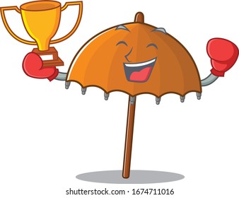 Happy face of boxing winner orange umbrella in mascot design style