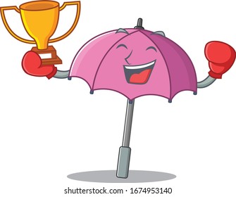 Happy face of boxing winner pink umbrella in mascot design style