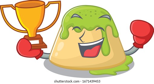 Happy face of boxing winner pudding green tea in mascot design style
