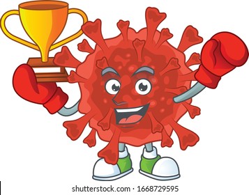 Happy face of boxing winner red corona virus in mascot design style