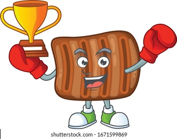 Happy face of boxing winner roasted beef in mascot design style