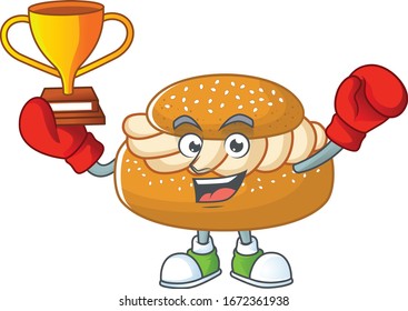 Happy face of boxing winner semla in mascot design style