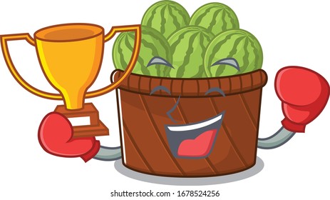 Happy face of boxing winner watermelon fruit basket in mascot design style