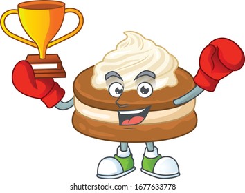 Happy face of boxing winner white cream alfajor in mascot design style