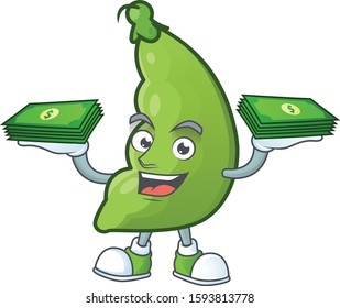 Happy face broad beans character with money on hand