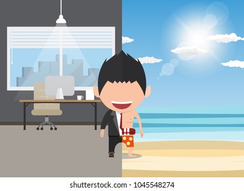 Happy face businessman a concept of balancing personal life office. Vector illustration