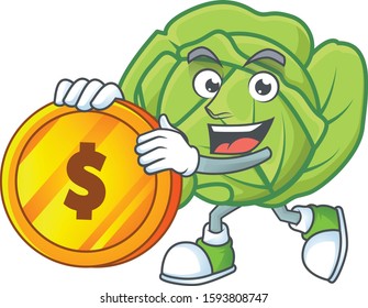 happy face cabbage cartoon character with gold coin