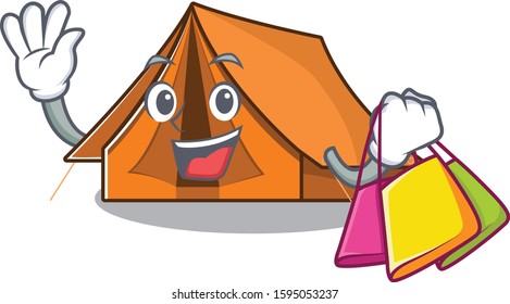 Happy face camping tent Scroll mascot style waving and holding Shopping bag