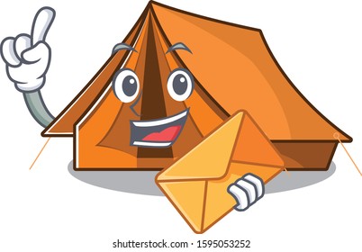 Happy face camping tent Scroll mascot design with envelope