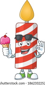 Happy face of candle cartoon mascot having an ice cream. Vector illustration