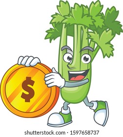 happy face celery plant cartoon character with gold coin
