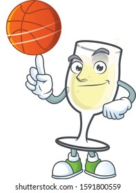 Happy face champagne glass cartoon character playing basketball