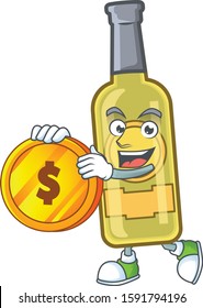 happy face champagne yellow bottle cartoon character with gold coin