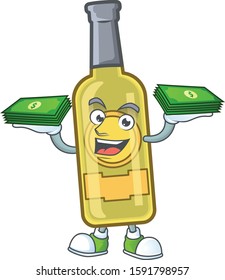 Happy face champagne yellow bottle character with money on hand