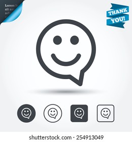Happy face chat speech bubble symbol. Smile icon. Circle and square buttons. Flat design set. Thank you ribbon. Vector