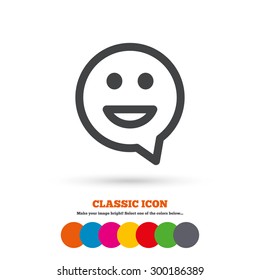 Happy face chat speech bubble symbol. Smile icon. Classic flat icon. Colored circles. Vector