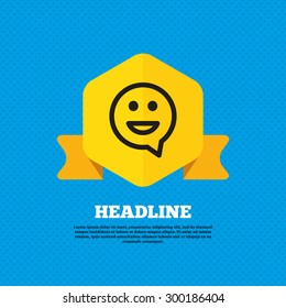 Happy face chat speech bubble symbol. Smile icon. Yellow label tag. Circles seamless pattern on back. Vector