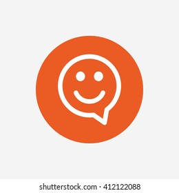 Happy face chat speech bubble symbol. Smile icon. Orange circle button with icon. Vector