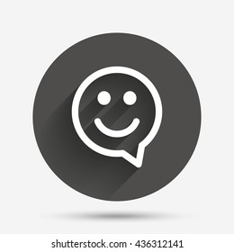 Happy face chat speech bubble symbol. Smile icon. Circle flat button with shadow. Vector