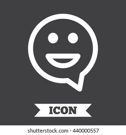 Happy face chat speech bubble symbol. Smile icon. Graphic design element. Flat smile symbol on dark background. Vector