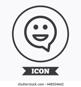 Happy face chat speech bubble symbol. Smile icon. Graphic design element. Flat symbol in circle button. Vector