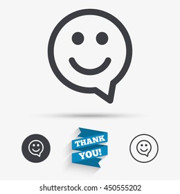 Happy face chat speech bubble symbol. Smile icon. Flat icons. Buttons with icons. Thank you ribbon. Vector