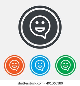 Happy face chat speech bubble symbol. Smile icon. Graphic design web element. Flat smile symbol on the round button. Vector