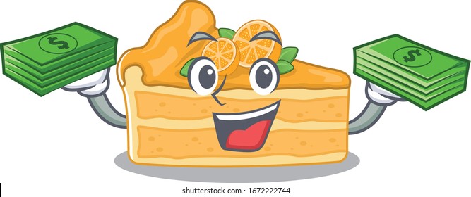happy face cheesecake orange character having money on hands