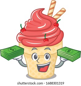 happy face cherry ice cream character having money on hands