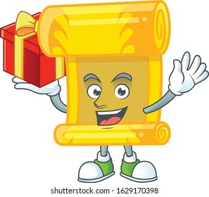 Happy face chinese gold scroll cartoon character having a box of gift