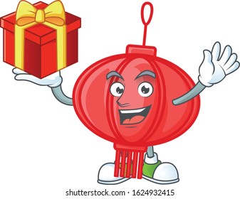 Happy face chinese lampion cartoon character having a box of gift