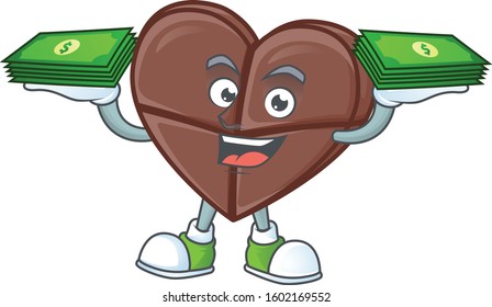 Happy face chocolate bar love character with money on hand