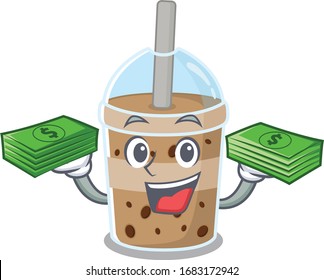 happy face chocolate bubble tea character having money on hands 