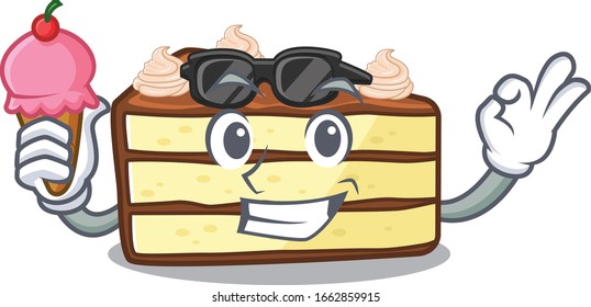 happy face chocolate slice cake cartoon design with ice cream