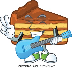 Happy face of chocolate slice cake cartoon plays music with a guitar