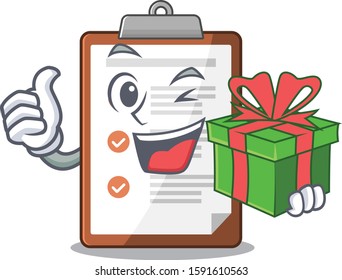 happy face clipboard Scroll character with gift box