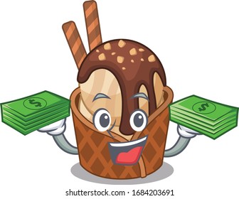 happy face coffee ice cream character having money on hands