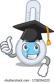 Happy face of cold thermometer in black graduation hat for the ceremony