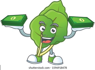 Happy face collard greens character with money on hand