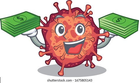happy face contagious corona virus character having money on hands