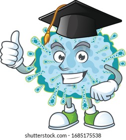 Happy face of coronavirus illness in black graduation hat for the ceremony