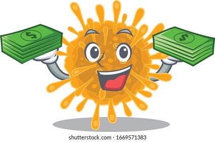 caracter de coronavirus facial feliz con dinero en las manos
