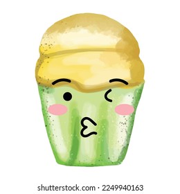 Happy face cupcake emojis icons. Different emotions smiling faces, vector illustration. Sticker emoji cupcakes