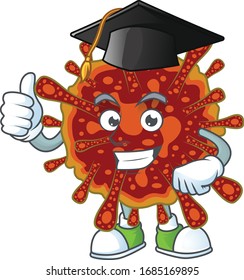 Happy face of deadly coronavirus in black graduation hat for the ceremony 