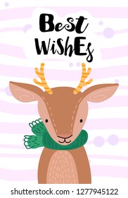Happy face deer. Hand drawn graphic for typography poster, card, label, flyer, page, banner, baby wear, nursery. Scandinavian style. Cartoon Vector Illustration