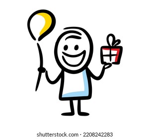 Happy face doodle character with baloon and gift box in hands. Vector illustration of stickman child.