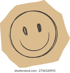 Happy face doodle on rough cut paper circle with grunge brush stroke ring. Symbol of happiness, positivity, approval, and friendly vibe for craft and journal. Cartoon vector illustration.