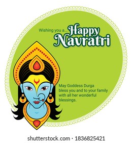 Happy Face of Durga Devi decorated with Traditional Indian jewelry for Dussehra Diwali fest, Typography of Happy Navratri. Social Media Ad Post with best wishes Celebration greetings for loved once.