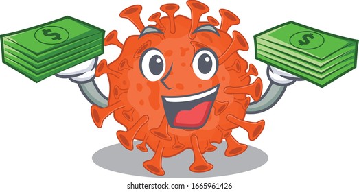 happy face electron microscopy coronavirus character having money on hands