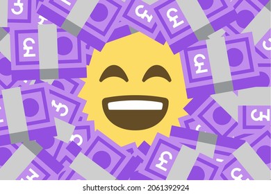 happy face emoji amid heap of pounds banknotes,luxury,wealth,rich,oligarch,vector illustration